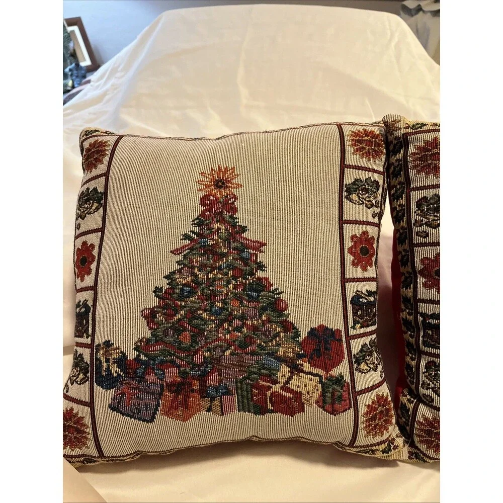 Vintage Tapestry Pillows Christmas tree with presents Square  12”x12”x4” (2)